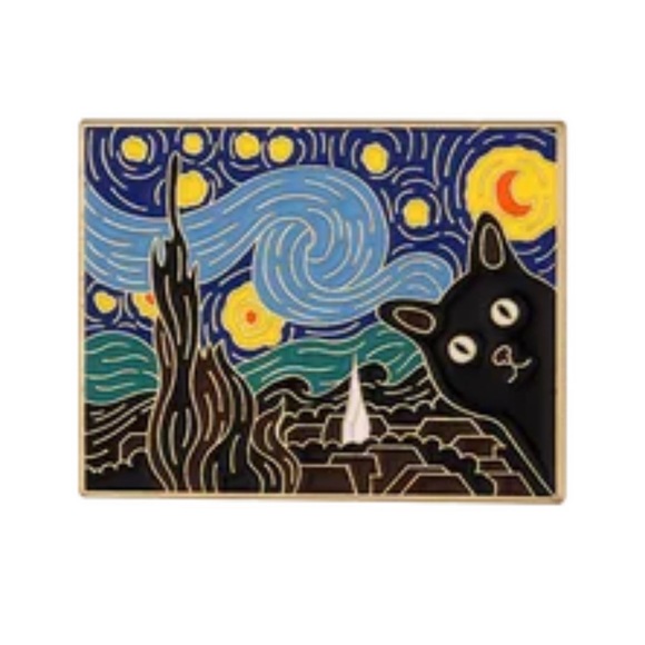 Set of 3 Artsy Black Cat Enamel Gold Metal Pins Van Gogh Artist Parody Cats Gift - Picture 4 of 12